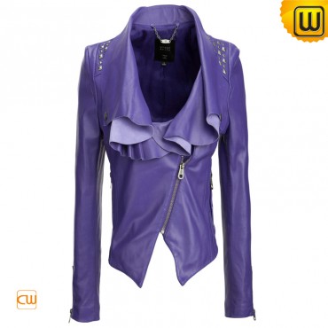 Women Purple/Black Cropped Leather Jacket CW608103